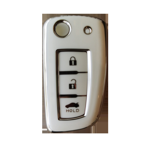 White nissan classic sylphy flip key cover with lock, unlock, and trunk release buttons, featuring a sleek design and durable...