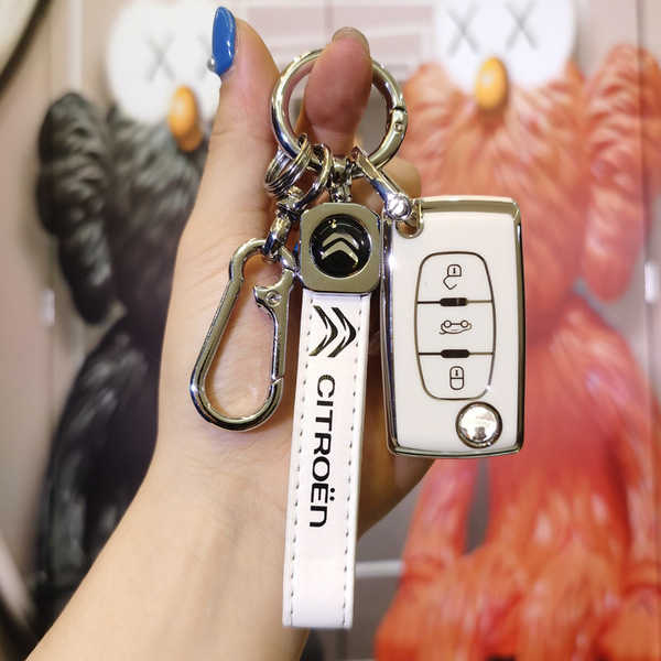 Citroen C-Triomphe Key Cover - Durable & Stylish | Wholesale & Custom - Citroën C-type folding 3-button model: Milk White (single shell + second-generation lanyard)