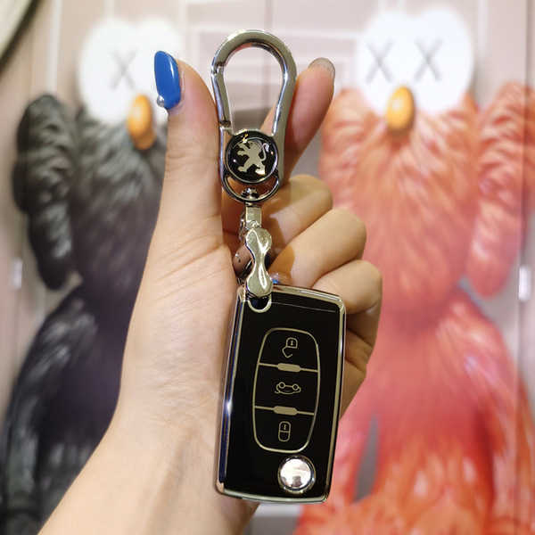 Peugeot 308 Key Cover - Durable & Stylish | Wholesale & Custom Logo - Peugeot C-type folding 3-button model: Premium Black (single shell + metal buckle)