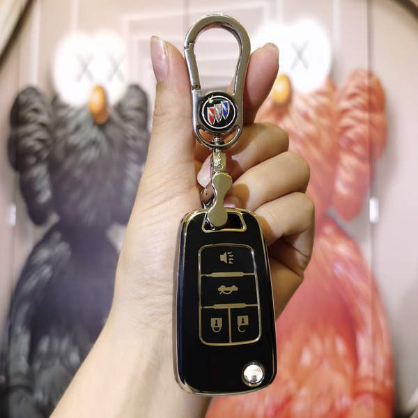Buick Excelle Key Cover - Stylish & Durable | Wholesale & Custom Logo - Buick C-type folding 4-button model: Premium Black (single shell + metal buckle)