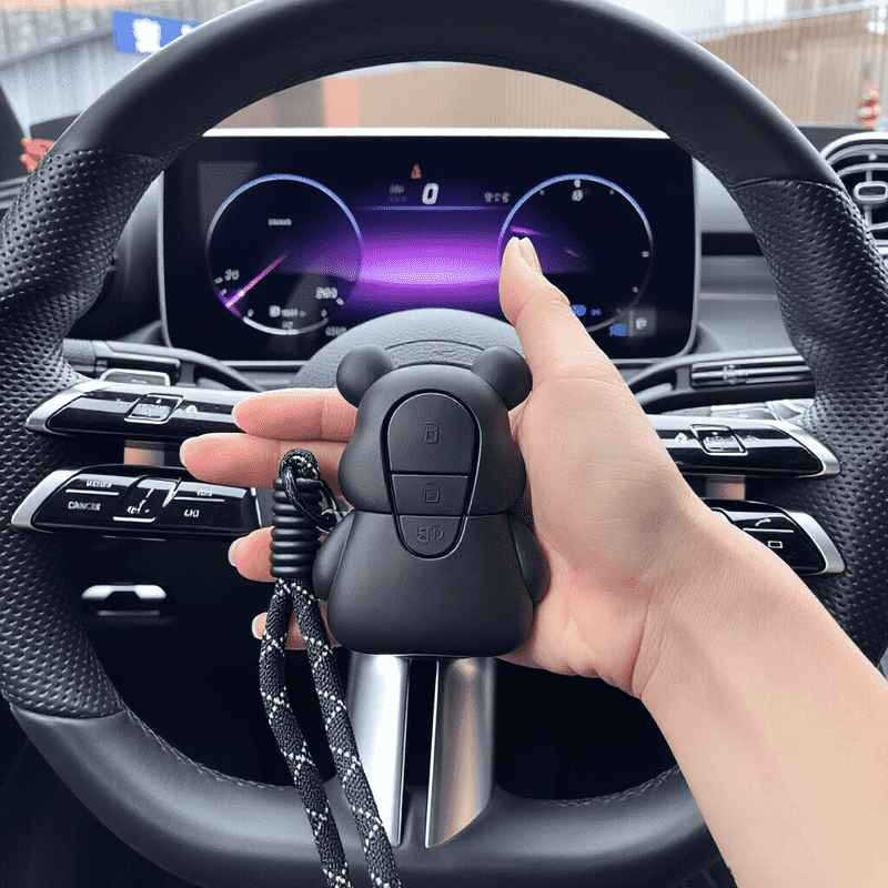 A hand holds a black, bear-shaped silicone key fob cover with a rope strap, displayed in front of a cars steering wheel and d...