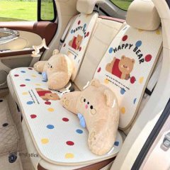 Cute cartoon ice silk car seat cushion featuring happy bear design with plush bear pillows, perfect for womens comfort in all...