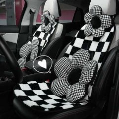Black & white checkered plush car seat cushion with flower pads - winter non-slip design for comfortable driving.