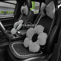 Elegant black and white houndstooth car seat cushion set, featuring plush texture and antifreeze design for winter warmth and...