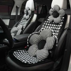 Plush houndstooth winter car seat cushion with non-slip design, featuring a cozy black and white pattern and decorative flowe...