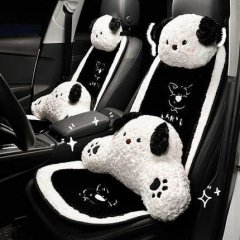 Cute puppy winter cushion featuring plush, non-slip design with adorable panda-like details for cozy car seat comfort.