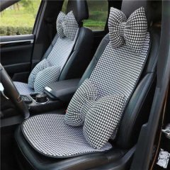 Elegant houndstooth-patterned all-season car seat cushion with cotton fabric and non-slip backing, featuring a stylish bow de...