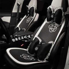 Elegant black and white camellia-patterned car headrest pillows with ruffled edges, offering all-season neck support for enha...