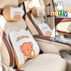 Cute miffy car headrest with ice silk memory foam, featuring adorable bear designs on white and beige seats.