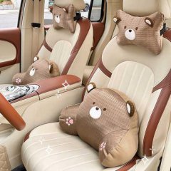 Cute bear-themed car headrest and lumbar pillow set, featuring adorable cartoon designs for enhanced comfort in vehicle inter...