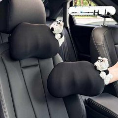 Black all-season memory foam car headrest & lumbar pillow with cute panda accents, providing comfort and support for a cozy d...