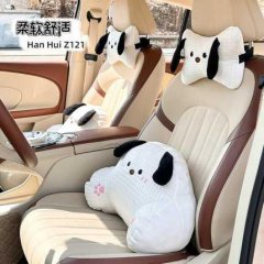 Cute puppy ice silk car headrest & lumbar pillow set, featuring adorable white and black dog designs for soft comfort in your...