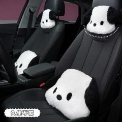 Cute plush dog car headrest with matching neck pillow, featuring black and white design for all-season comfort in vehicle int...
