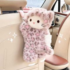 Pink leopard cat tissue box with plush toy, featuring a soft, fuzzy design and playful cat ears, perfect for adding charm to ...
