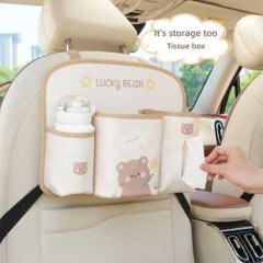 Blue rain car storage bag: hanging cartoon leather organizer with tissue box and storage compartments, featuring a lucky bear...
