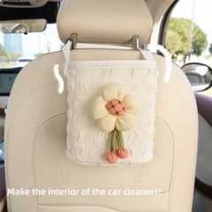 Car seat back storage bucket with floral design, enhancing car interior cleanliness and style.