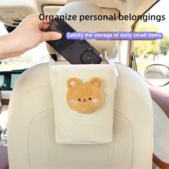 Leather car seat back storage bucket with diamond pattern and cute bear design, perfect for organizing personal belongings an...