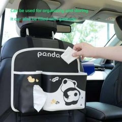 Cartoon car seat bag: a black and white leather organizer with panda design, featuring storage pockets and a tissue holder, p...