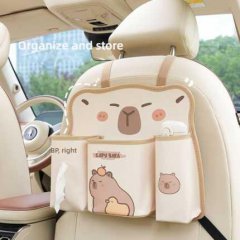 Car seat back storage bag with cute bear design, featuring compartments for organizing items in a vehicle.