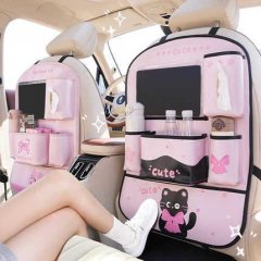 Pink cat-themed leather car seat back storage bag with multiple compartments, anti-kick design, and cute bow details for orga...