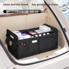 A black foldable waterproof car trunk organizer box neatly stores items in a vehicles trunk, offering high-quality fabric and...