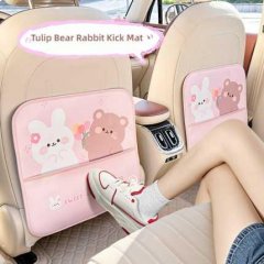 Car seat kick pad featuring a cute bear and rabbit design, made of leather for easy cleaning, protecting backseat from wear.