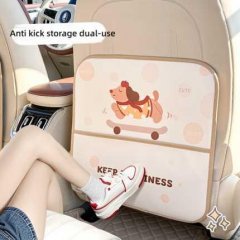 Cartoon car anti-kick backrest pad with playful design, featuring a cute dog on a skateboard, dual-use storage, and leather p...