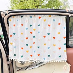 Colorful heart-patterned summer car curtains with floral cotton fabric, perfect for sunshades and privacy.