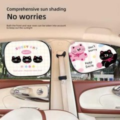 Cute cat cartoon car sunshade featuring playful designs like sweet cat happy and dont worry keep smile, providing comprehensi...