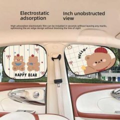 Blue rain bear sunshade curtain featuring cute bear designs, offering electrostatic adsorption for an unobstructed view and b...