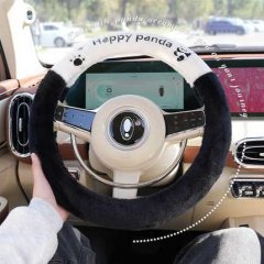 Cute plush steering wheel cover with happy panda design, perfect for winter warmth and style in your car.