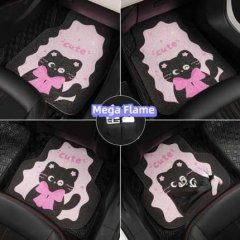 Cat-friendly cartoon car floor mats featuring cute black cats with pink bows on a soft, anti-slip silk loop design for stylis...