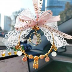 Elegant gold cute rabbit car pendant with lace ribbon and floral charms, perfect for rearview mirror decoration.