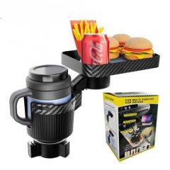 Detachable insulated cup holder for car and travel, featuring a sleek black design with a carbon fiber texture, holding a coc...