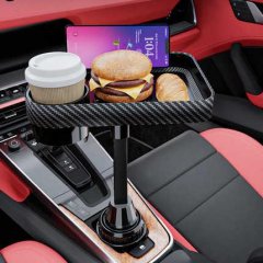 Universal adjustable car cup holder in carbon fiber design, holding a burger, bread, and coffee cup, perfect for center conso...