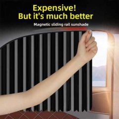 A hand adjusts a sleek, black track-type magnetic car sunshade curtain, offering superior sun protection with its sliding rai...