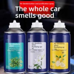 Three car vent air freshener sprays in blue cans, featuring mint, floral, and citrus scents for long-lasting deodorization an...