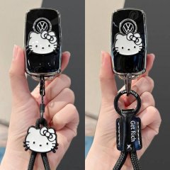 Volkswagen polo car key cover featuring a hello kitty design, paired with a stylish get rich keychain, perfect for beetle, go...
