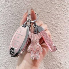 Elegant nissan qashqai key cover in 2025 luxury leather design, adorned with sparkling rhinestones and a charming teddy bear ...