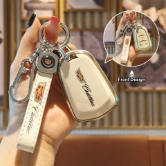 Elegant cadillac xt5 key cover with sleek front design, featuring a leather strap and iconic logo for both men and women.