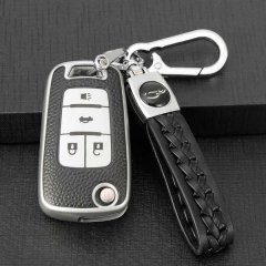 Elegant chevrolet key cover for cruze, malibu, trax, featuring a sleek leather design with a braided strap and secure carabin...