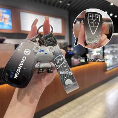 Changan cs75 plus key cover featuring a stylish pu leather design with a cute bear charm and front view of the key fob, perfe...