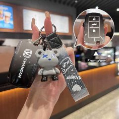 Changan cs75 key cover: premium leather smart key protector with a cute bear charm and stylish strap, shown in front view.