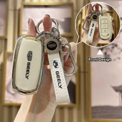Geely auto key cover showcased with front design, featuring a sleek white and silver finish and branded geely logo.