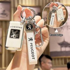 Premium leather peugeot key cover for 207/301/408/3008, featuring elegant front design with embossed logo and secure attachme...