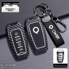 Leather key cover for gwm cannon, featuring carbon fiber and silicone design, shown with a matching key fob and strap.
