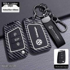 Volkswagen key cover with carbon fiber and silicone design, featuring a leather rope strap, compatible with passat, tiguan, g...