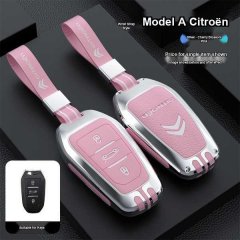 Pink and silver citroen key cover for c4l, c3 xr, c6, c5 aircross models, featuring a wrist strap and sleek design.