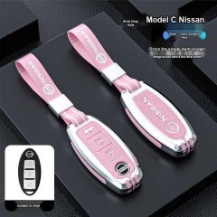 Pink and silver nissan key cover for the 14th-gen sylphy, featuring a wrist strap and durable leather shell design. perfect f...