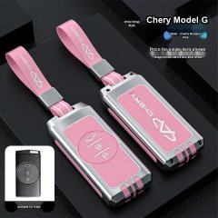 Pink and silver chery key cover for tiggo 7 & tx, featuring a wrist strap and leather shell design, shown with a compatible k...